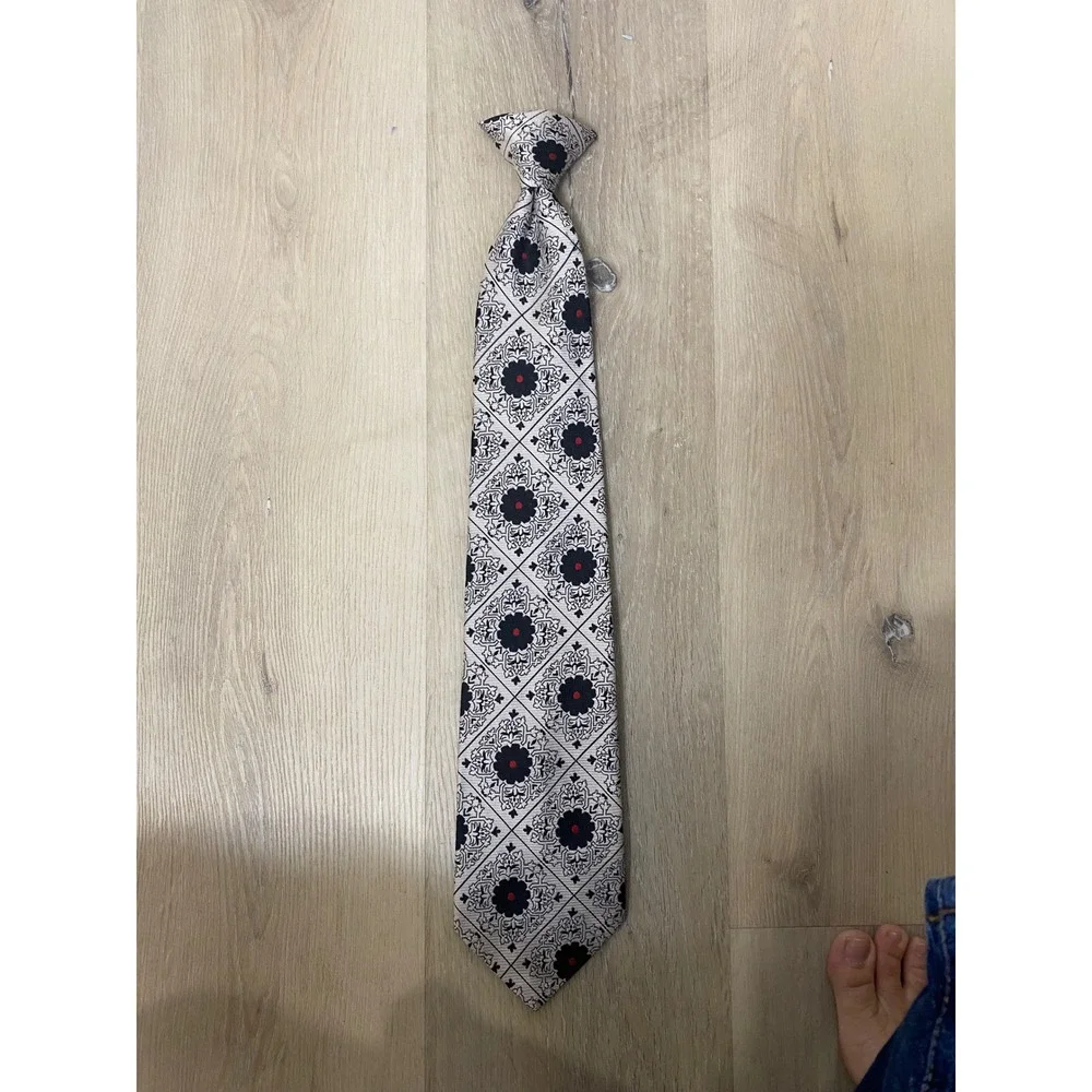 Vintage Wemlon by Wembley Clip-On Tie Floral Geometric Navy White 60s 70s Retro